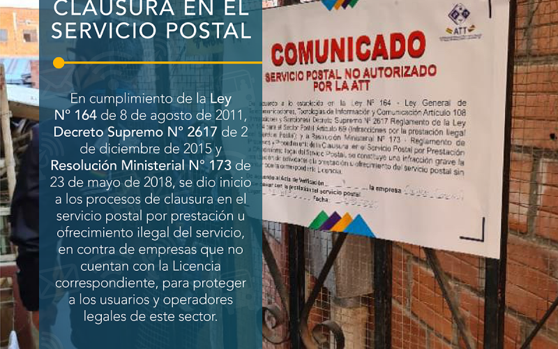 ATT - Inicio de Procesos de Clausura en el Servicio Postal en contra de empresas que no cuentan con la Licencia correspondiente, para proteger a los usuarios y operadores legales de este sector.