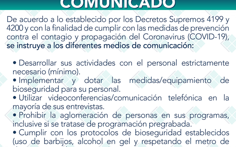 Con la finalidad de cumplir con las medidas de prevención contra el contagio y propagación del Coronavirus (COVID-19), se instruye a los diferentes medios de comunicación