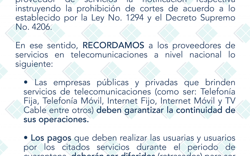 RECORDAMOS a todos los proveedores de servicios en Telecomuicaciones a nivel Nacional lo siguiente: