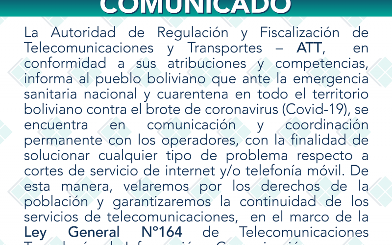 La ATT, se encuentra en comunicación y coordinación permanente con los operadores, con la finalidad de solucionar cualquier tipo de problema respecto a cortes de servicio de internet y/o telefonía móvil.