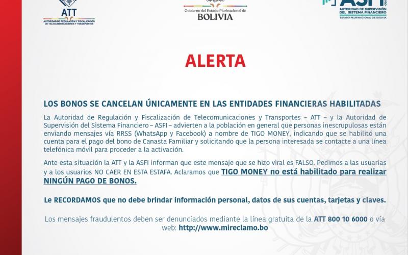 ASFI - ATT LOS BONOS SE CANCELAN ÚNICAMENTE EN LAS ENTIDADES BANCARIAS AUTORIZADAS